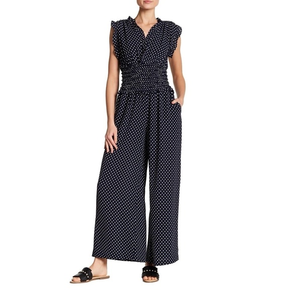✨NEW!✨ MAX STUDIO Women's Blue V-neck Polka Dot Shirred Waist Jumpsuit - XS - Picture 2 of 10